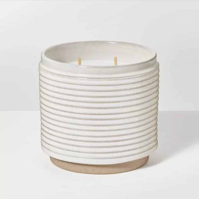 2-Wick Ribbed Ceramic Bergamot Jar Candle Light Gray 12oz with Magnolia: Soy & Paraffin Wax, Farmhouse Style - Image 1