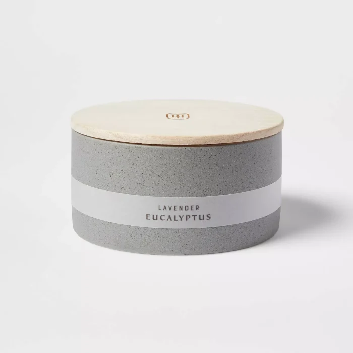 3 Wick 14oz Matte Textured Ceramic Wooden Wick Candle Gray/Lavender Eucalyptus : Soy Wax Blend, 48hr Burn Time - Image 1